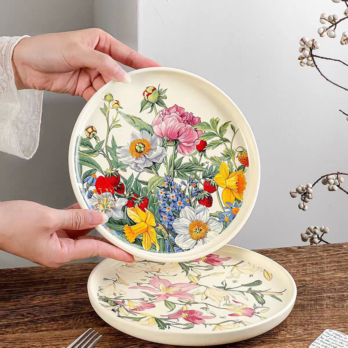 Vintage Collectible Dishes - Prato Cerâmico Floral Romântico Criativo, Prato